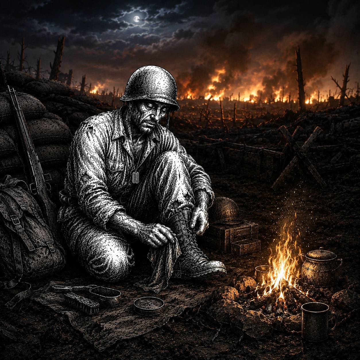 Trenchcoin soldier sitting near a campfire at night
